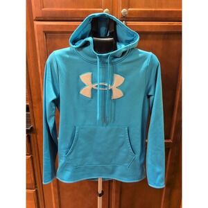 Loose Fit UNDER ARMOUR Womens Turquoise White Pullover Hoodie Sweatshirt Medium